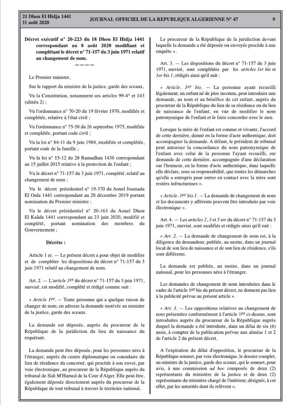 Journal officiel changement de nom